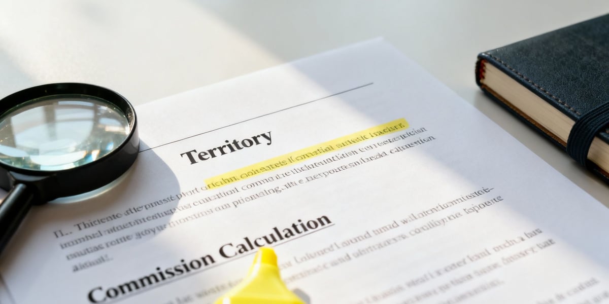 A document highlighting 'Territory' and 'Commission Calculation' with a magnifying glass and a highlighter.