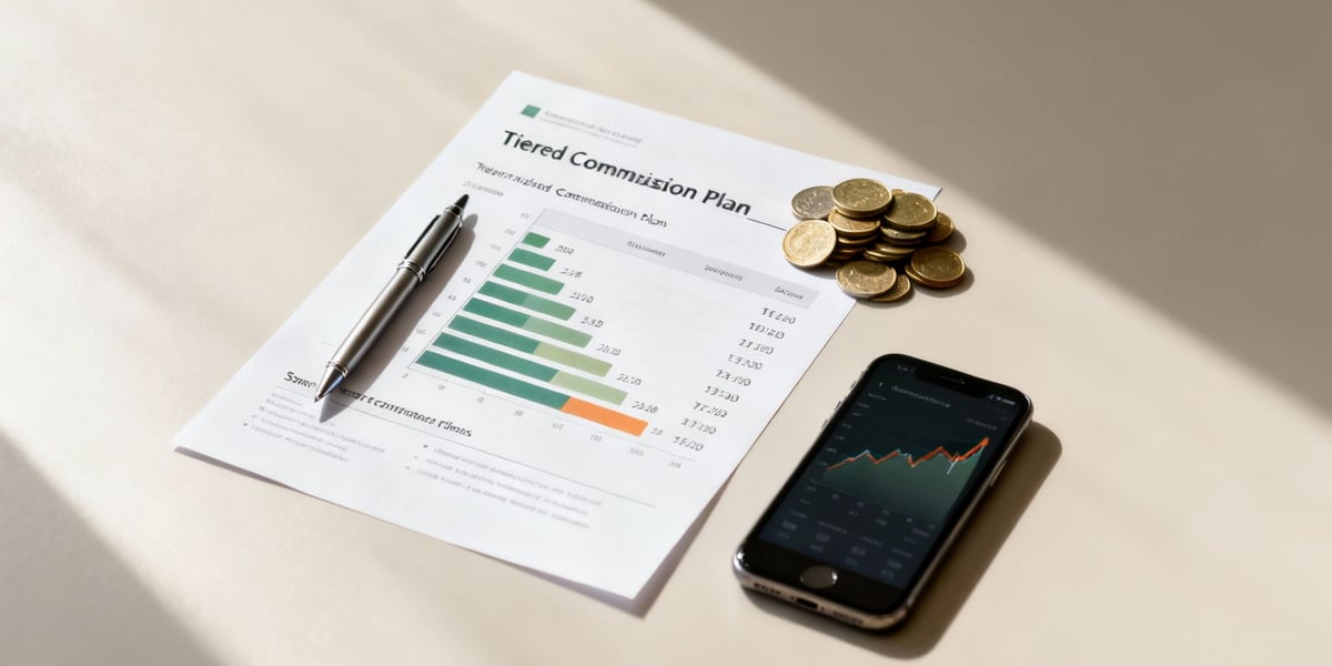 A document titled 'Tiered Commission Plan' with a pen, gold coins, and a smartphone displaying a financial graph.