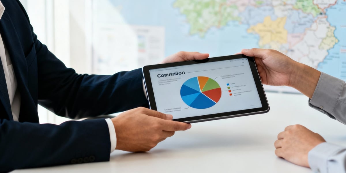 Two business professionals analyzing a commission report with a pie chart on a digital tablet.