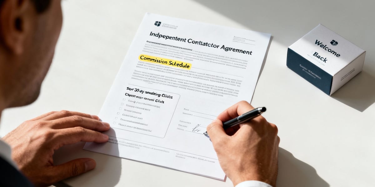 A man in a suit signs an independent contractor agreement with a commission schedule.
