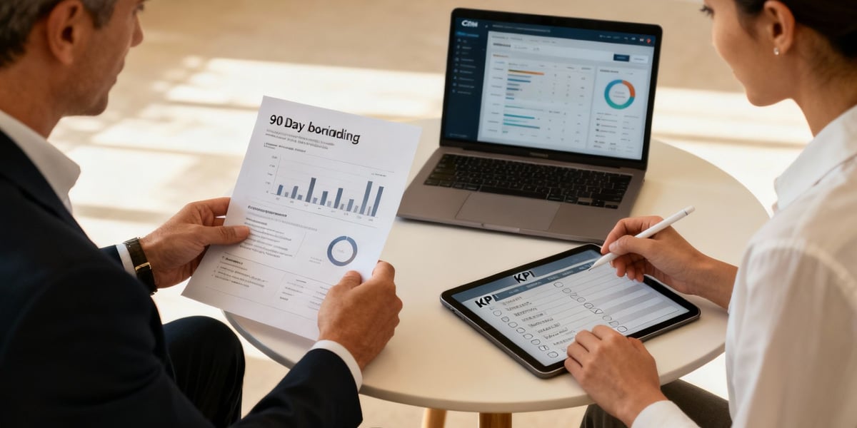 Two professionals analyze sales performance data and onboarding plans using a laptop, tablet, and paper document.
