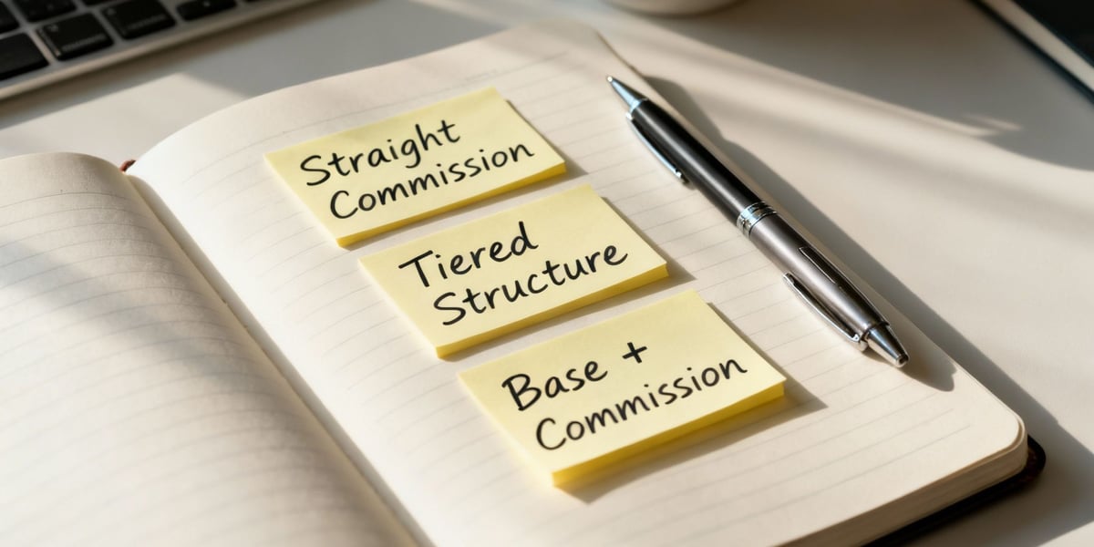 Three sticky notes on a notebook show different sales commission structures: Straight, Tiered, and Base plus.