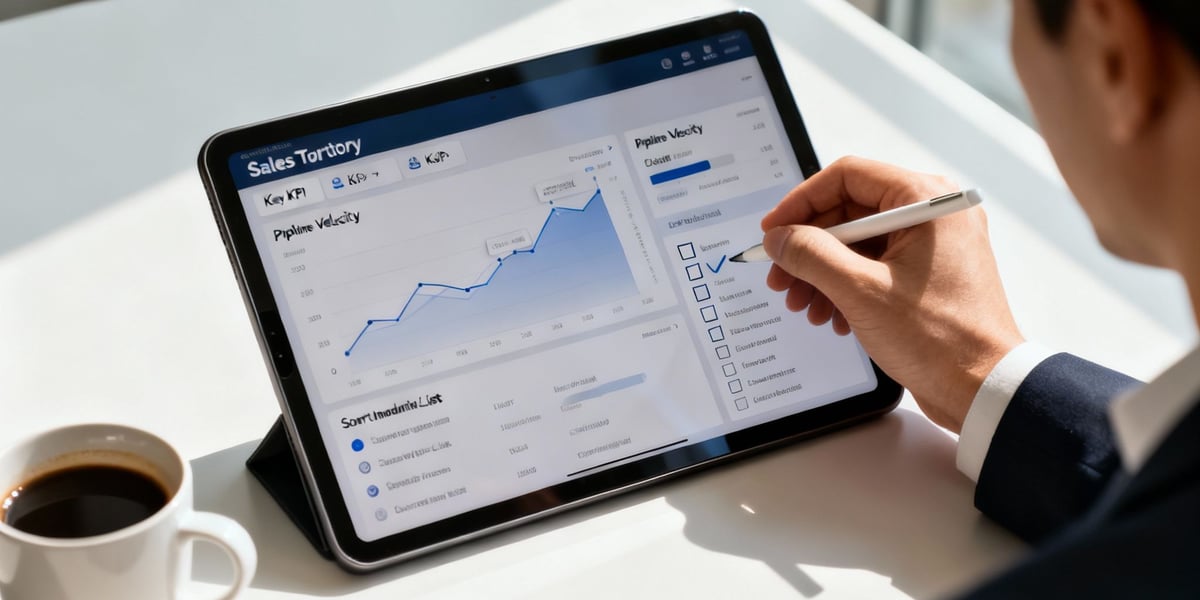 Businessman using a stylus on a tablet displaying sales analytics and territory management data.