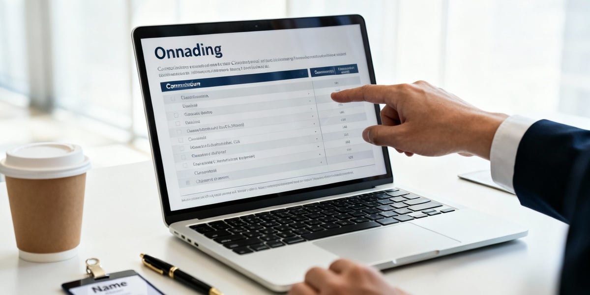 A person pointing at a laptop screen displaying a sales commission agreement, with a coffee cup and pen nearby.
