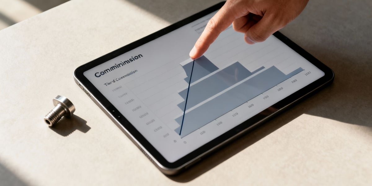 A hand interacts with a tablet displaying a sales commission chart, analyzing financial data.