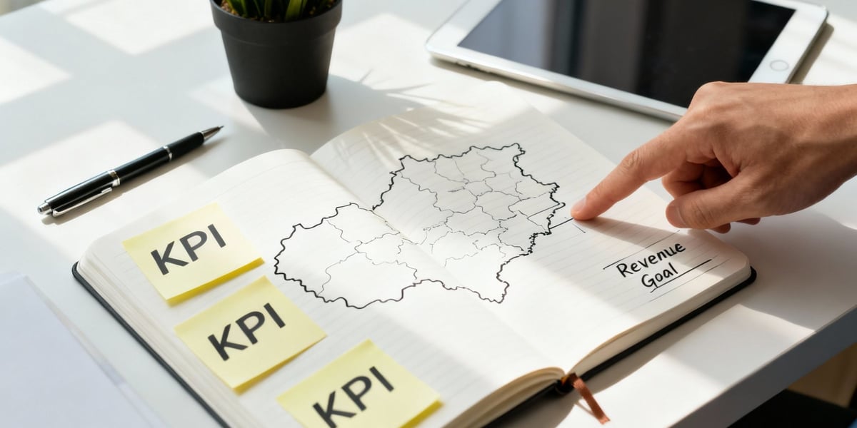 Hand points to a drawn map in a notebook with KPI sticky notes and 'Revenue Goal'.