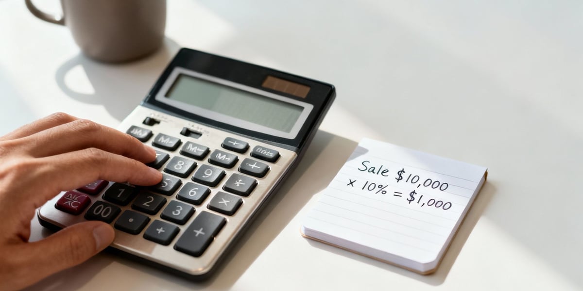 A hand operates a calculator on a white desk next to a notepad with a sales commission calculation.