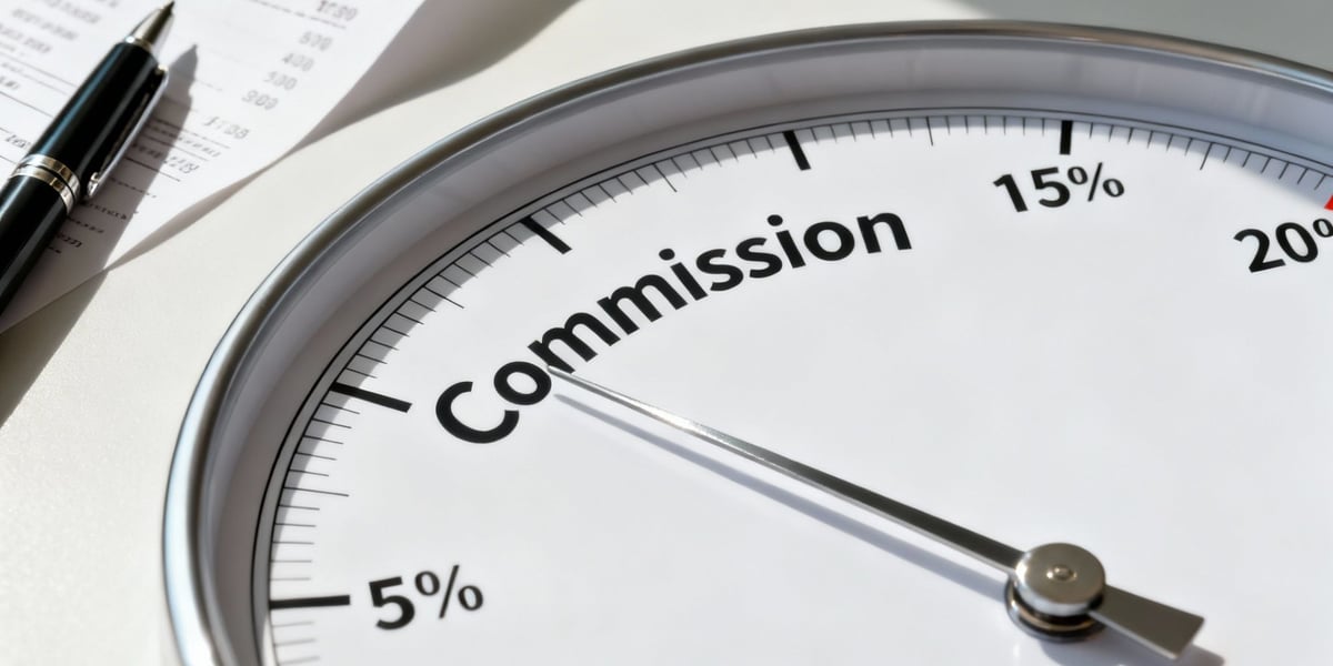 A close-up of a commission dial with percentages, a pen, and paper, representing sales calculations.