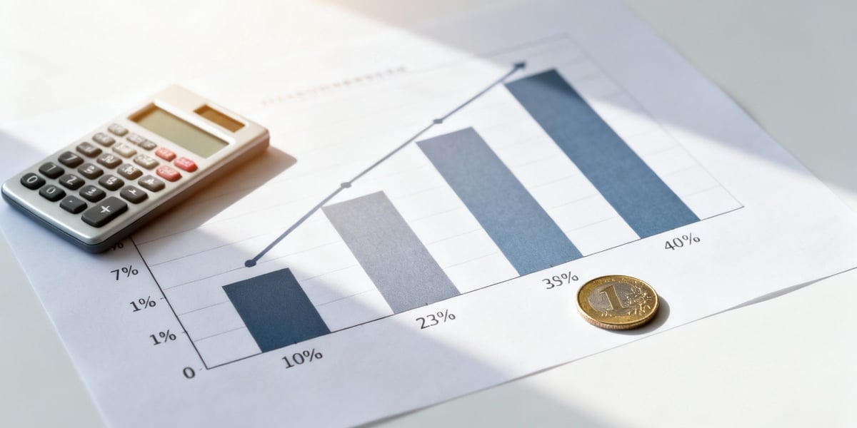 A calculator, a bar graph showing percentages, and a 1 Euro coin, symbolizing financial analysis and growth.