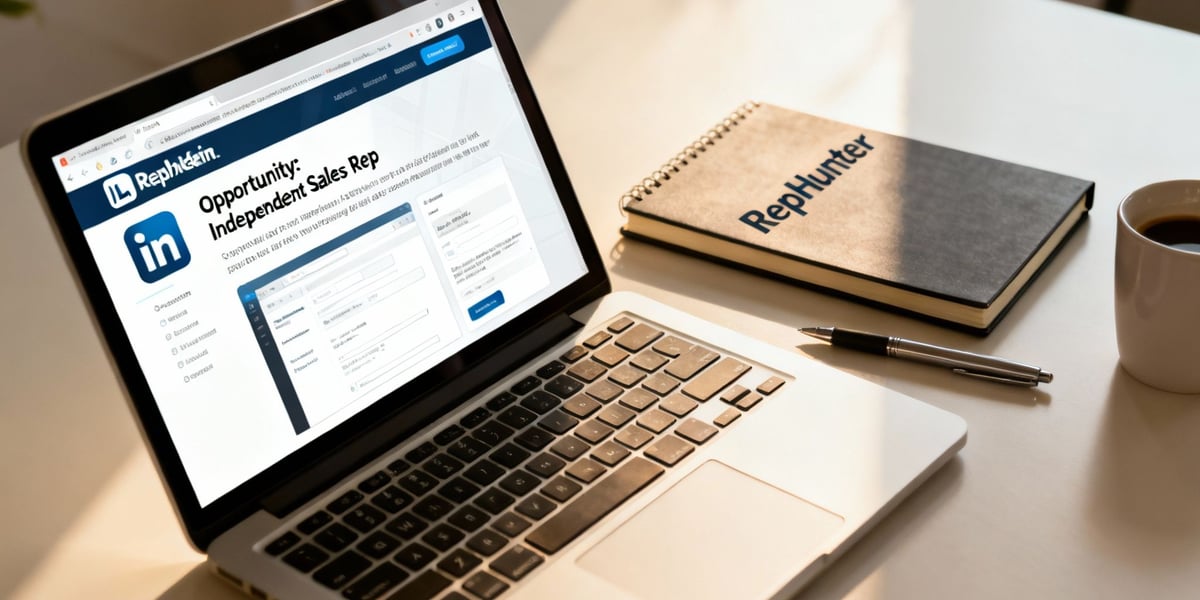 Laptop screen shows a LinkedIn job for an independent sales rep, next to a RepHunter notebook and coffee.