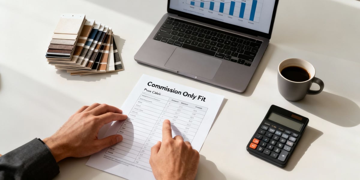 Hands pointing at a 'Commission Only Fit' document on a desk with a laptop, calculator, and samples.