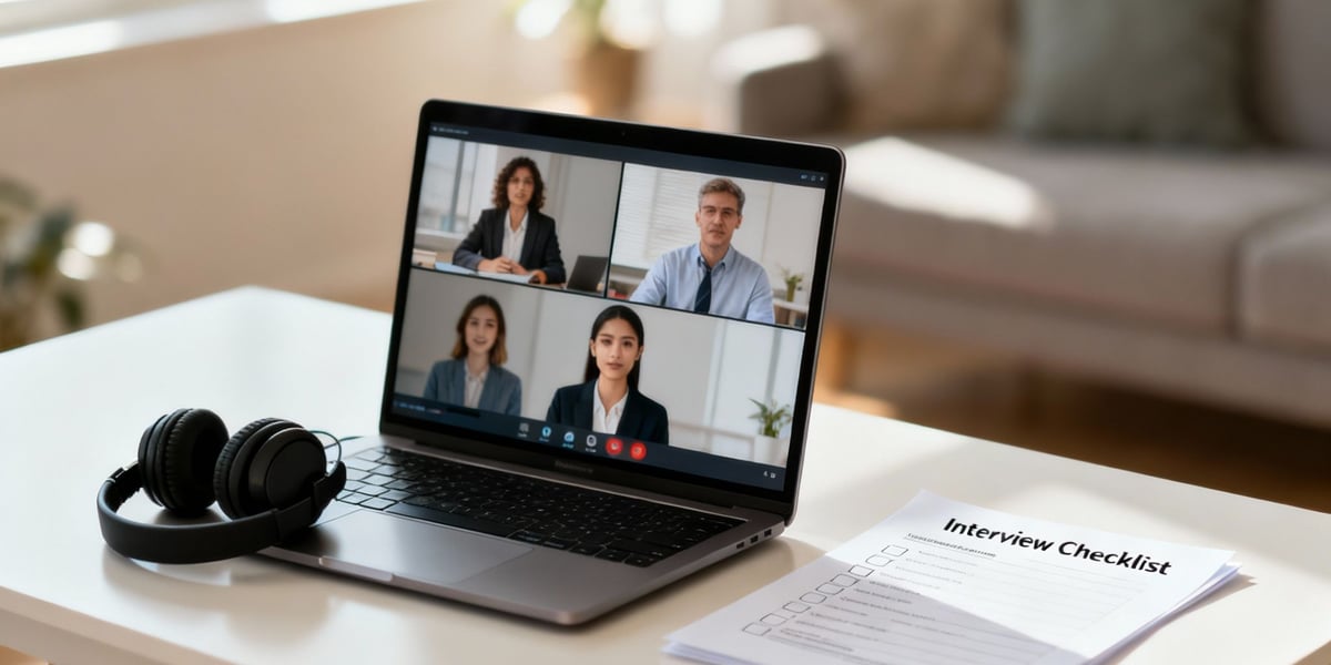 A laptop displays a video conference with four people, next to headphones and an interview checklist on a table.