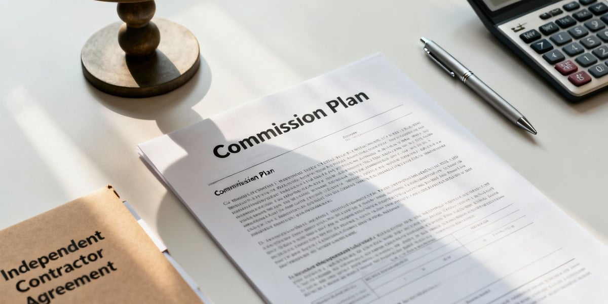 Desk setup with 'Commission Plan' and 'Independent Contractor Agreement' documents, a calculator, and a pen.
