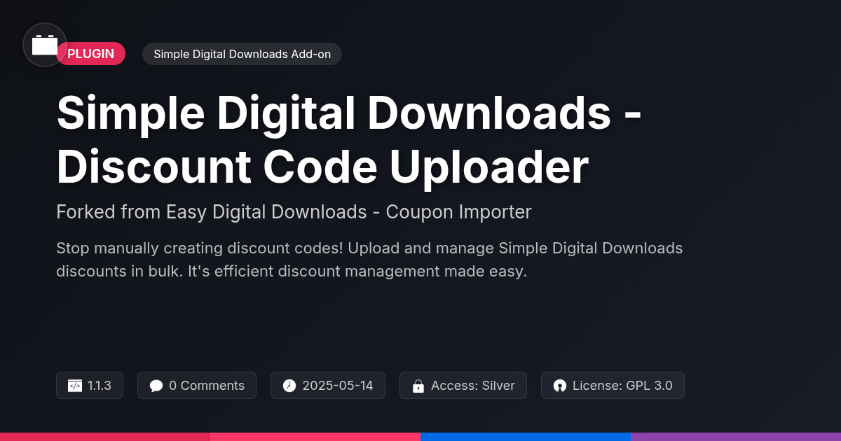 Simple Digital Downloads - Discount Code Uploader forked from Easy Digital Downloads - Coupon Importer