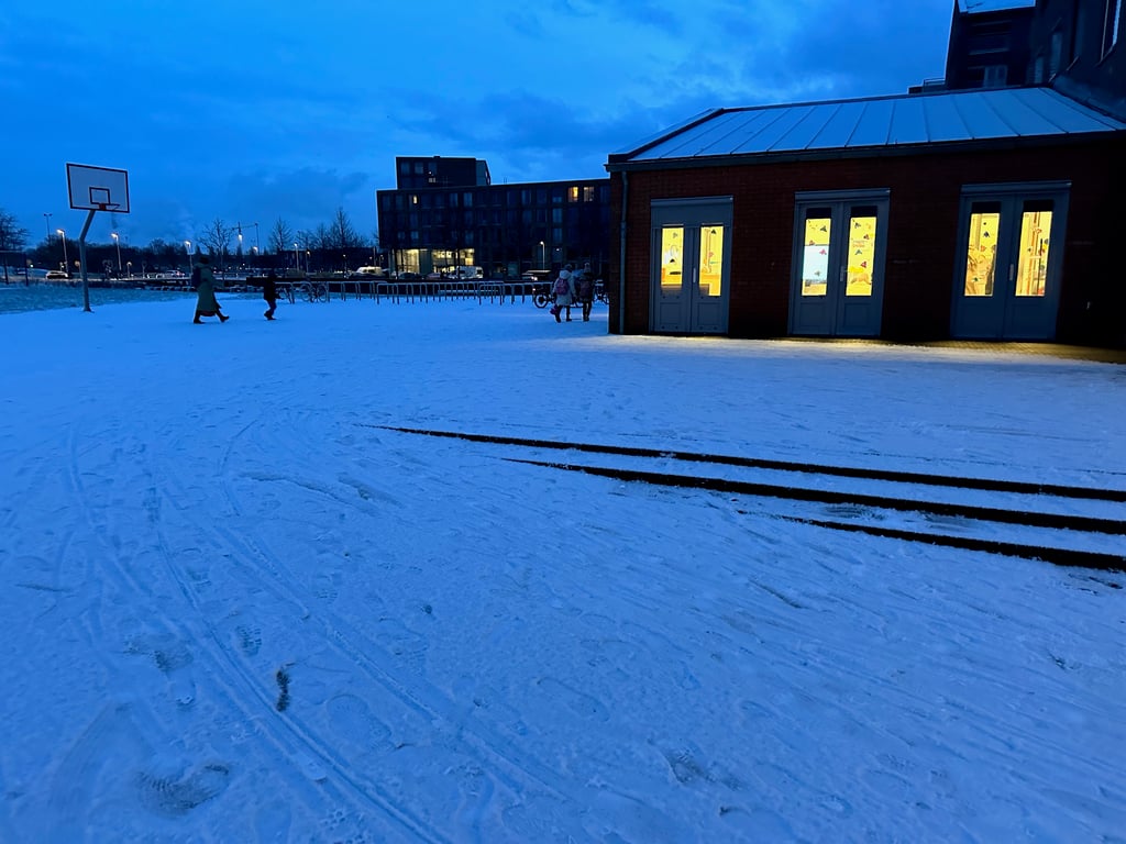 Evening Snowfall at Schoolyard