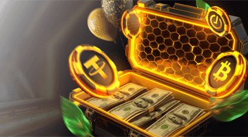 HoneyMoney Casino Crypto bonus: illuminated golden chest with cash and Bitcoin symbols on a dark background, representing exclusive crypto casino bonuses and digital currency offers.