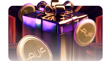 AUF Casino Improved First Deposit bonus: luxury gift box with golden bow and branded casino coins in a dark lounge setting, highlighting an enhanced first deposit bonus.