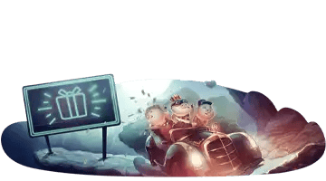 Joy Casino Welcome bonus: cartoon characters riding in a car toward a gift sign, symbolizing the welcome offer and sign up bonus for new casino players.