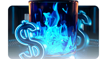 AUF Casino Second Deposit bonus: glass with blue flames and neon dollar symbols in a dark environment, illustrating a second deposit bonus with increased value.