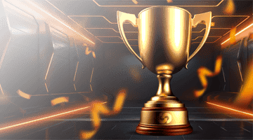 Unlim Casino Rush Tournament: golden trophy in a neon-lit corridor with motion effects, symbolizing fast-paced casino tournaments and competitive prize pools.