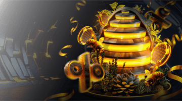 HoneyMoney Casino Welcome bonus: glowing beehive filled with coins, honey, and bees in a dark environment, emphasizing the casino welcome offer and sign up bonus.
