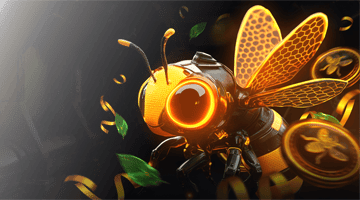 HoneyMoney Casino VIP program: high-tech golden bee with honeycomb wings and floating coins on a dark background, illustrating VIP rewards, loyalty levels, and exclusive casino benefits.