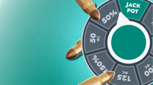 Banda Casino Wheel of Fortune: spinning bonus wheel with percentage sectors on a turquoise background, symbolizing jackpot chances and bonus game rewards.