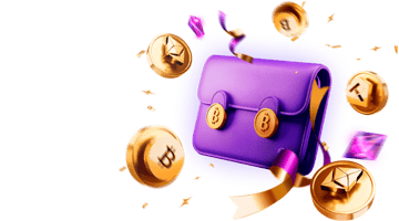 CryptoBoss Casino Crypto bonus: purple crypto wallet surrounded by Bitcoin and altcoin symbols on a vibrant background, highlighting cryptocurrency bonuses and digital payment rewards.