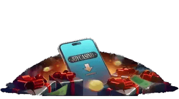 Joy Casino VIP bonus: glowing smartphone surrounded by wrapped gifts and lights, highlighting exclusive VIP bonuses and premium player rewards.