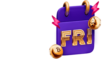 CryptoBoss Casino Friday promotion: calendar block with highlighted Friday text and floating crypto coins, illustrating limited-time weekly casino offers and special promos.