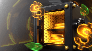 HoneyMoney Casino Daily bonuses: glowing open safe with stacked gold bars and coins in a futuristic setting, showcasing daily casino rewards and ongoing promotions.