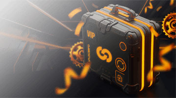 Unlim Casino VIP Account Transfer: armored VIP case with glowing accents and gear elements on a dark background, illustrating secure VIP balance transfers and priority services.