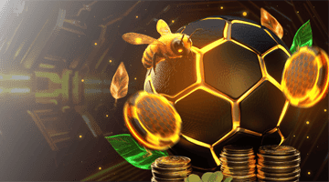 HoneyMoney Casino Sports bonus: radiant football surrounded by golden coins and green leaves on a dark background, highlighting sports betting bonuses and match-related rewards.