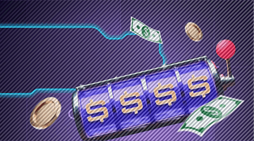 Weiss Casino Deposit bonus: slot reel displaying dollar symbols with flying banknotes and coins on a dark background, highlighting deposit bonuses and instant casino rewards.