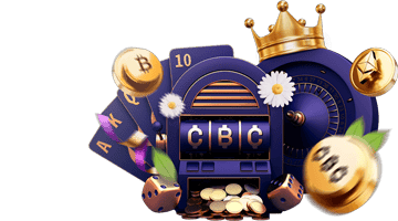 CryptoBoss Casino Bonus program: stylized slot machine with crown, dice, playing cards and golden coins on a dark background, representing a multi-level casino bonus system and reward mechanics.