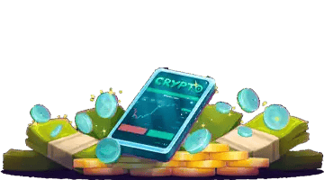 Joy Casino Crypto bonus: smartphone displaying crypto interface surrounded by digital coins and gold stacks, illustrating cryptocurrency bonuses and crypto deposits at the casino.