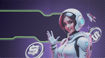 Weiss Casino Welcome bonus: futuristic female character in a helmet with floating coins on a dark background, symbolizing the casino welcome offer and sign up bonus.