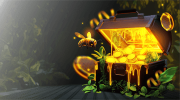 HoneyMoney Casino Refer a Friend bonus: treasure chest overflowing with golden coins and honey elements in a natural environment, symbolizing referral bonuses and shared casino rewards.