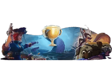 Joy Casino Pragmatic Play tournament: golden trophy between game characters in an action scene, representing slot tournaments powered by Pragmatic Play with competitive rewards.