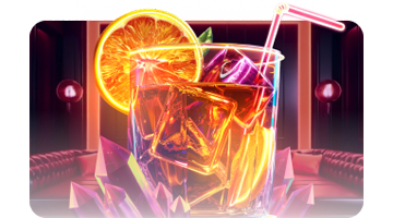 AUF Casino Improved Third Deposit bonus: crystal glass filled with glowing orange drink and citrus slice on a dark background, symbolizing an upgraded third deposit casino reward.