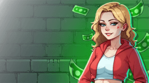 Banda Casino Welcome bonus: smiling female character with floating banknotes on a green background, illustrating the casino welcome offer and sign up bonus.