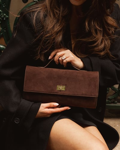Delaney Clutch Crossbody  - Suede Chocolate - Lifestyle