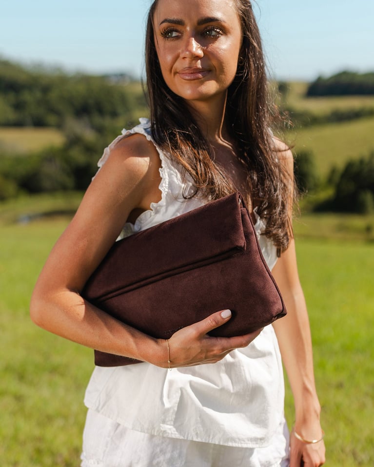 Louenhide Luka Suede Clutch Crossbody  Chocolate