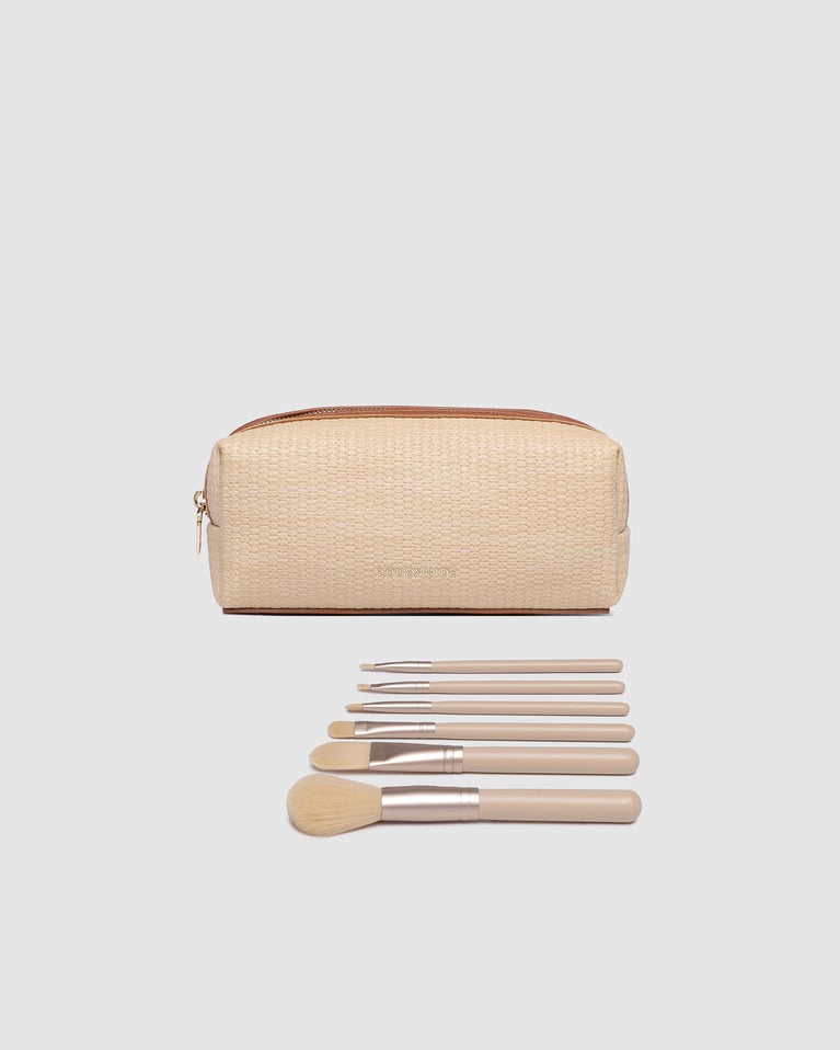 Louenhide Brianna Makeup Bag with Brush Set Natural Tan