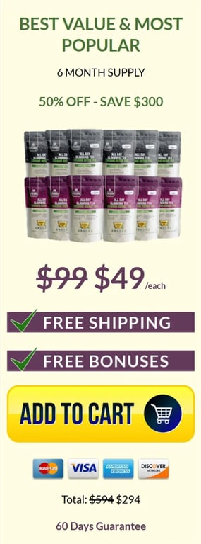 6-month supply of All Day Slimming Tea with free shipping and bonus guides