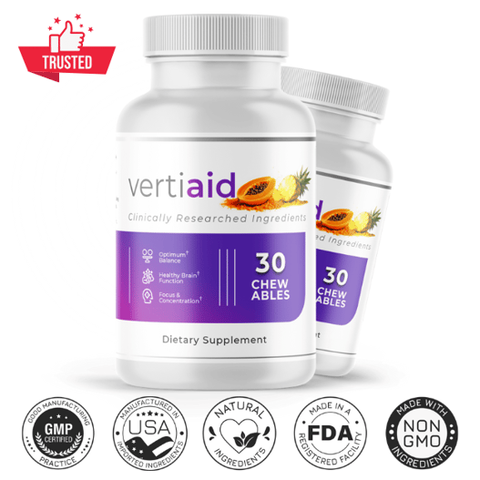 VertiAid natural balance support supplement bottles - 30 chewable tablets with clinically researched ingredients for inner ear health, manufactured in USA with GMP, FDA-approved, non-GMO certification