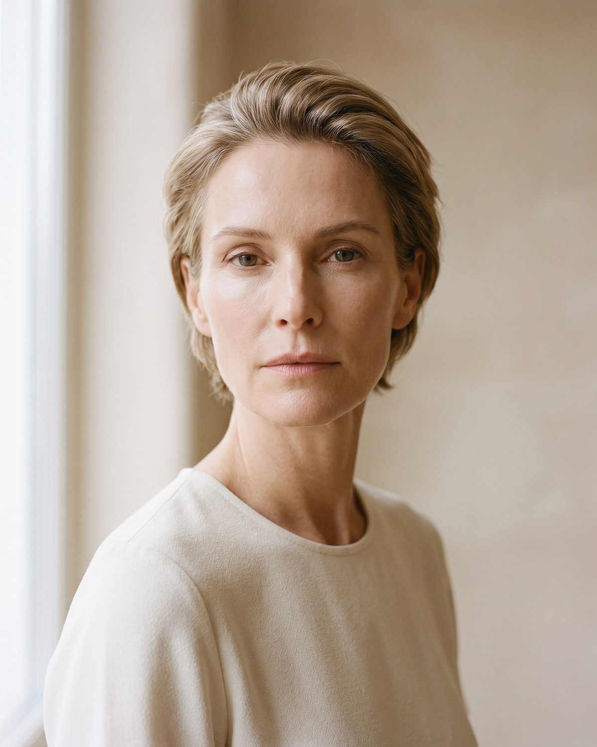 Woman in her early fifties in three-quarter view, looking directly at the camera with a level, composed expression in broad soft window light.