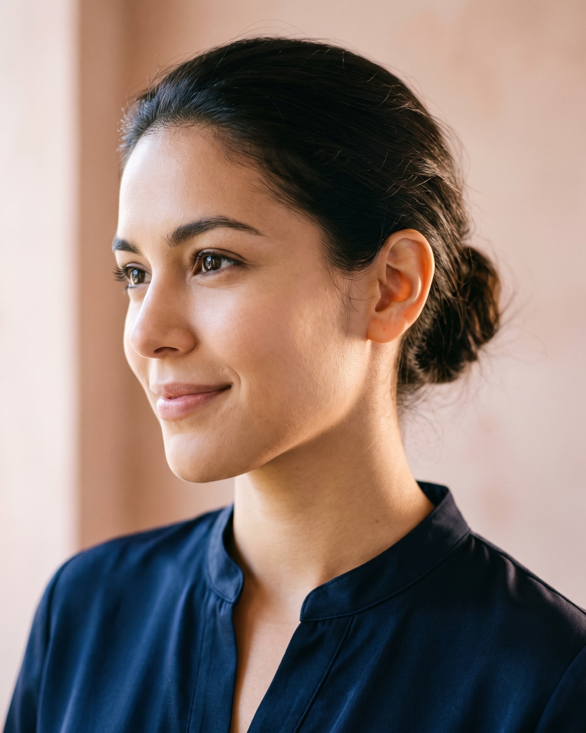 Woman with her hair drawn back in three-quarter view with a warm slight smile, soft window light rimming her hairline and the edge of her ear.