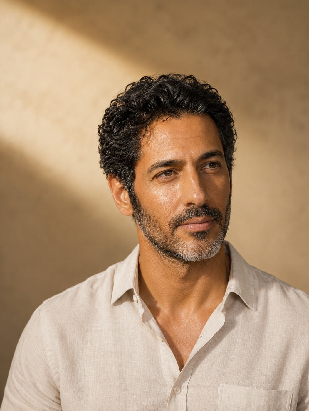 Editorial portrait of a Middle Eastern man with a full head of dark curly hair and healthy olive skin in warm directional daylight
