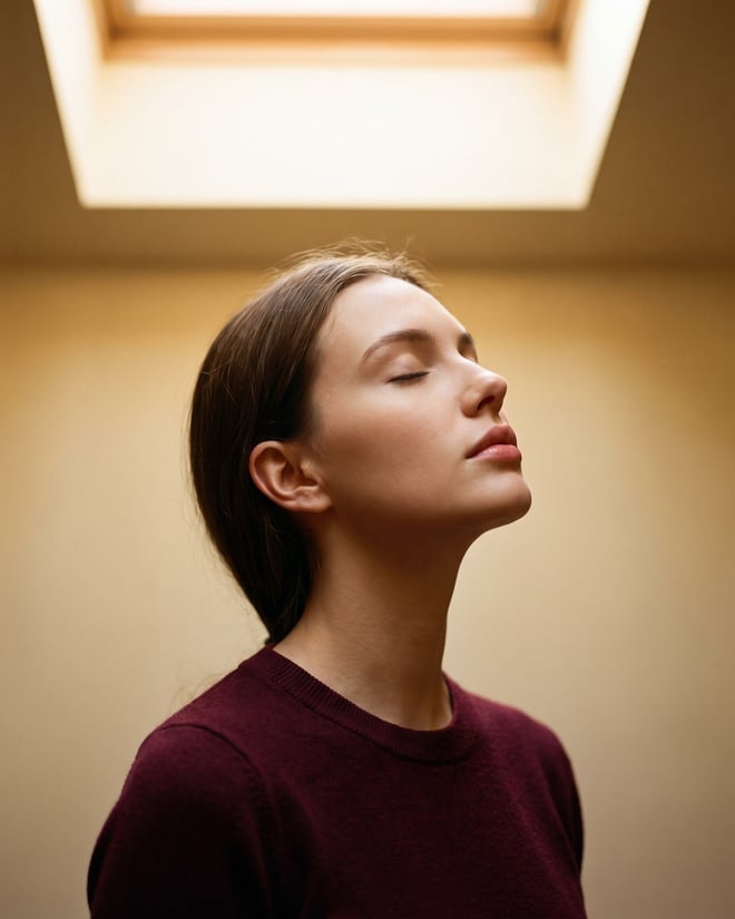 Woman in near-profile with her eyes closed and her head tipped back into soft overhead light